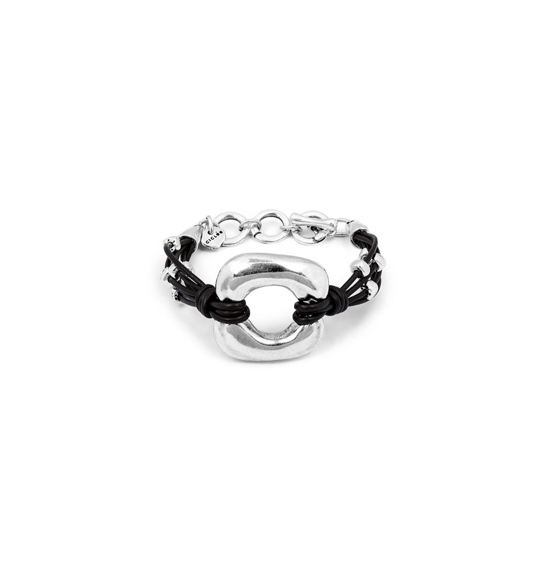 bracelet mounted on a leather strap with silver-plated metal pieces