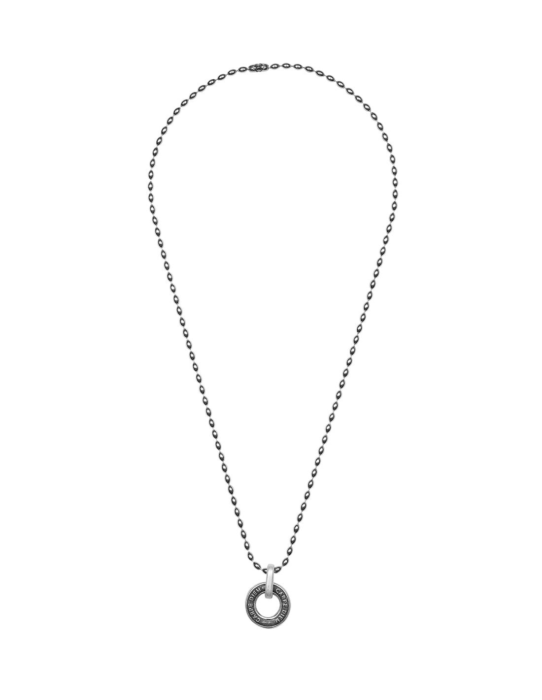 silver plated necklace with beaded chain design and stainless steel ring pendant