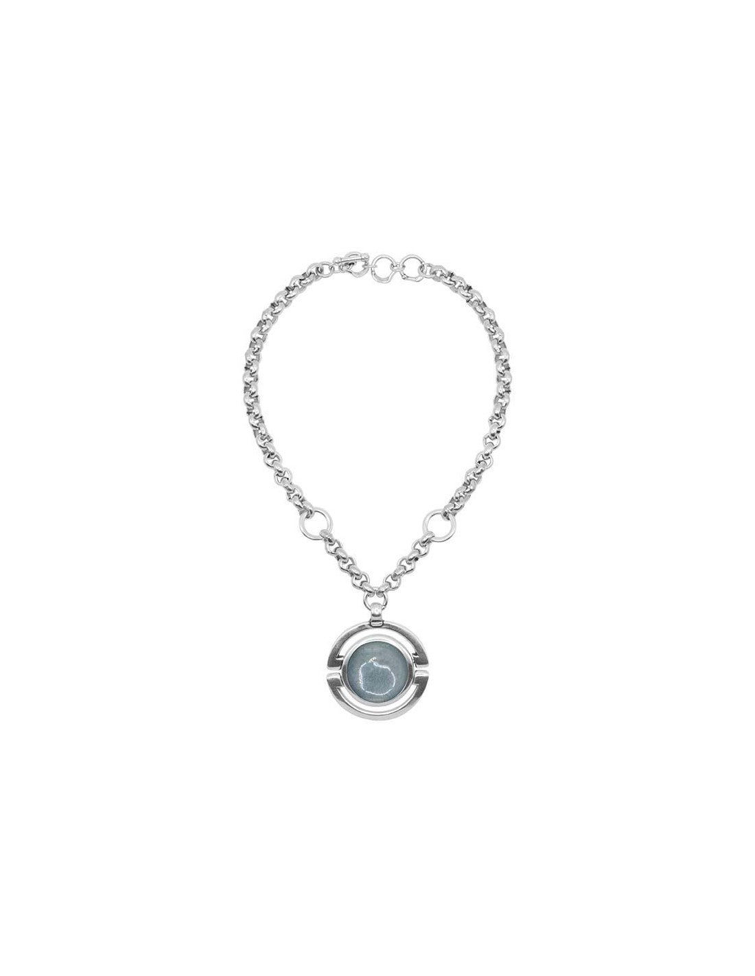 silver necklace featuring a 50 mm green murano glass dial pendant as its centerpiece