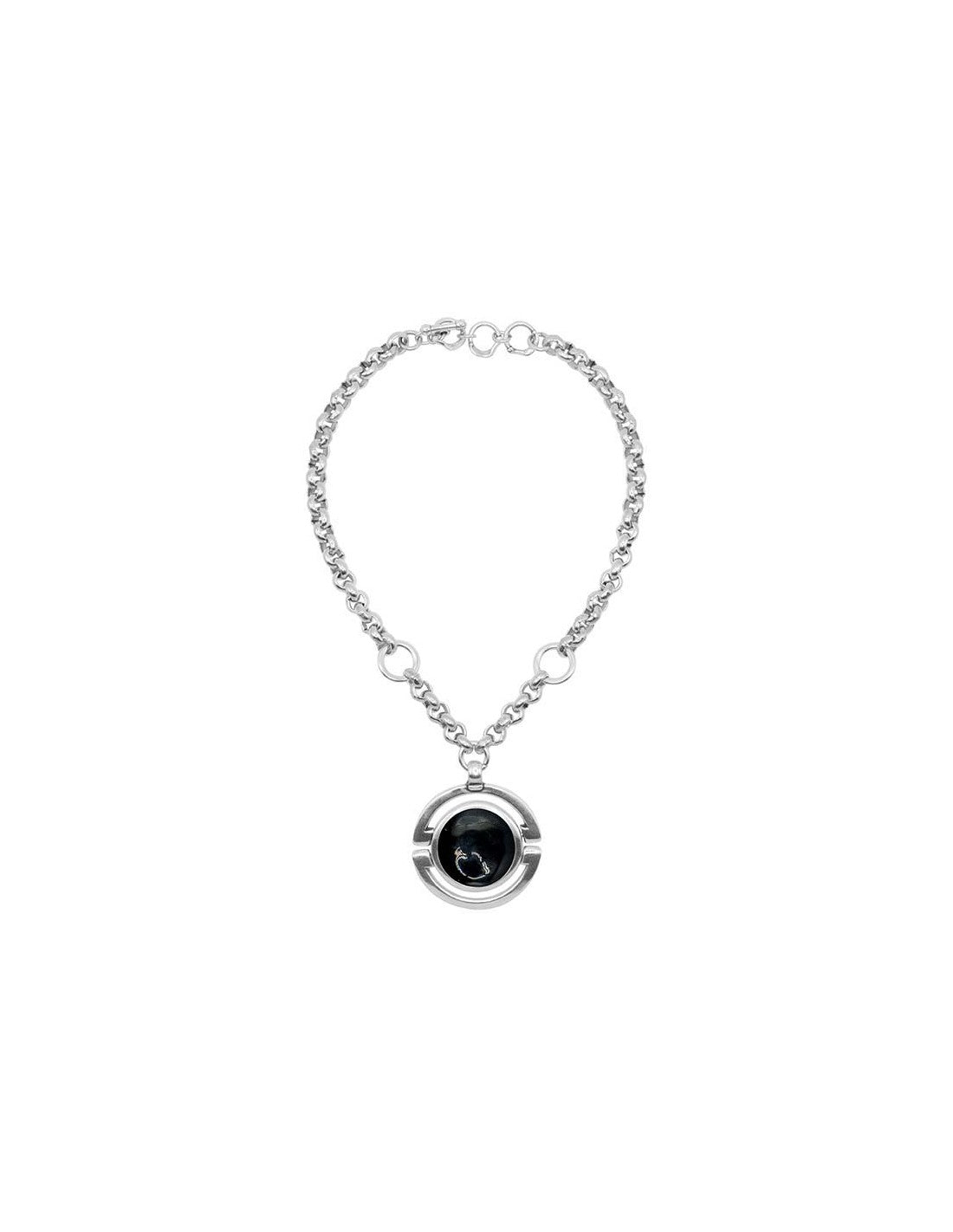 silver necklace featuring a 50 mm black Murano glass dial pendant as its centerpiece