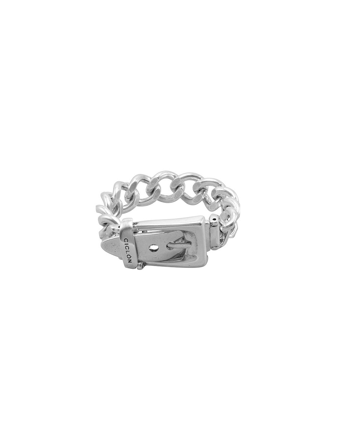 silver bracelet with wide links and buckle closure