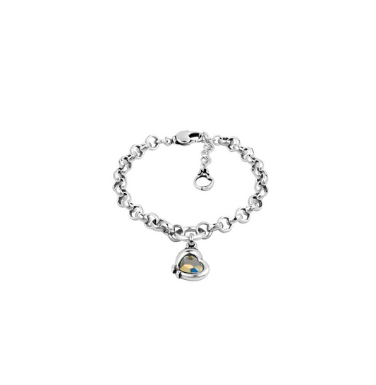 silver link bracelet with multicolor heart-shaped pendant charm