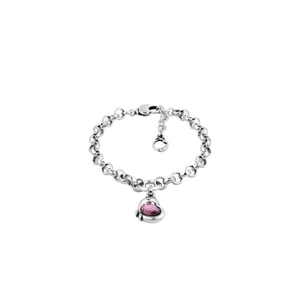 silver link bracelet with pink heart-shaped pendant charm