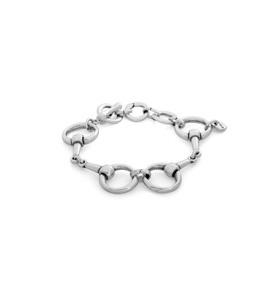 silver-plated bracelet featuring design modeled after horse bits