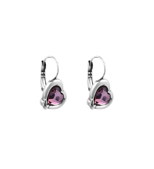 silver-plated earrings with faceted rose crystal heart motif