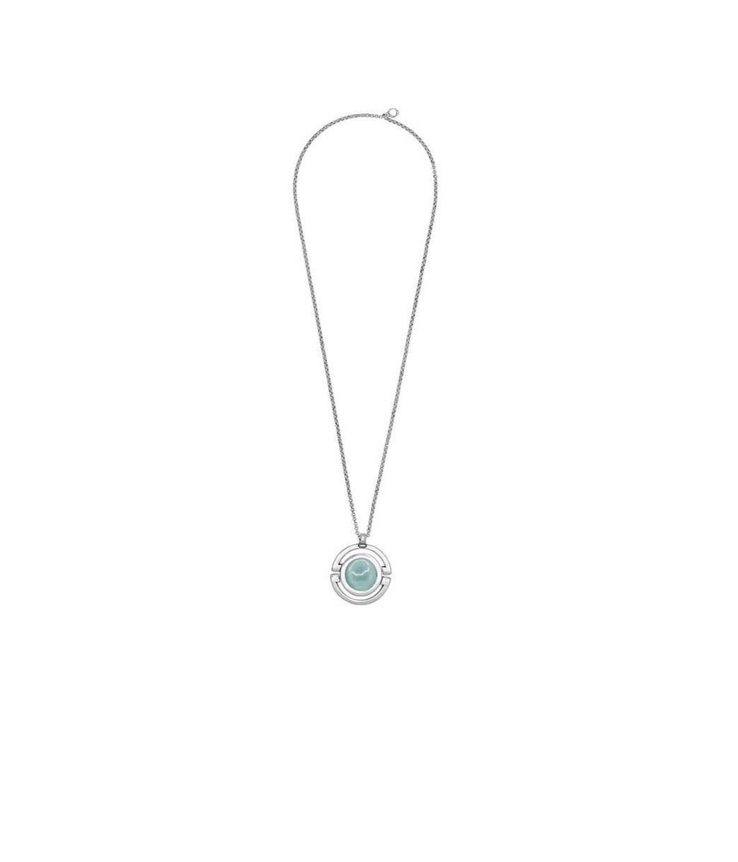 long silver necklace that features an 80 cm chain with a 50 mm pendant adorned with a turquoise Murano glass sphere