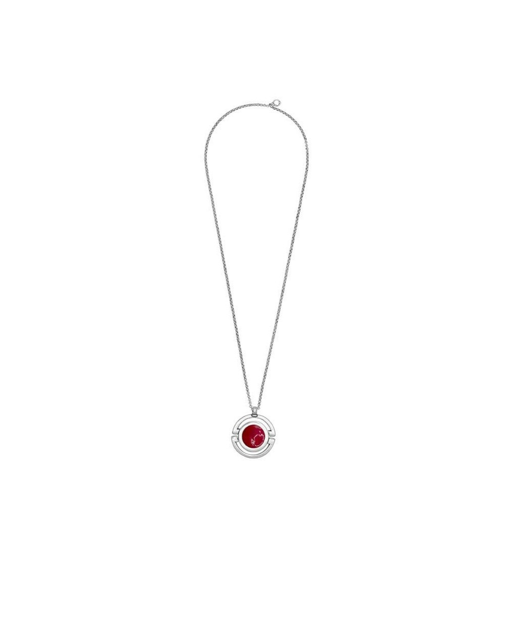 long silver necklace that features an 80 cm chain with a 50 mm pendant adorned with a red Murano glass sphere