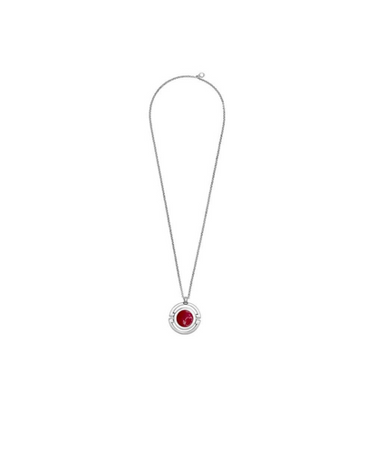 long silver necklace that features an 80 cm chain with a 50 mm pendant adorned with a red Murano glass sphere