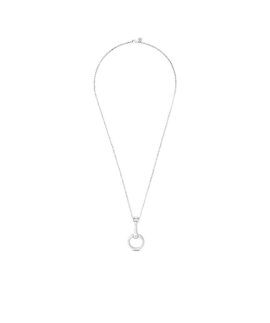 silver necklace that features an equestrian pendant in the shape of a bit