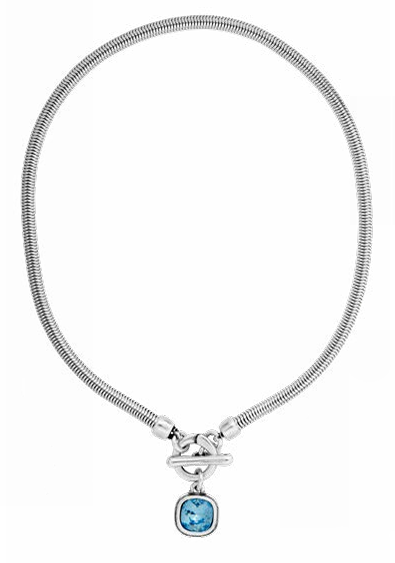 Silver necklace highlighted by a square-shaped blue faceted stone