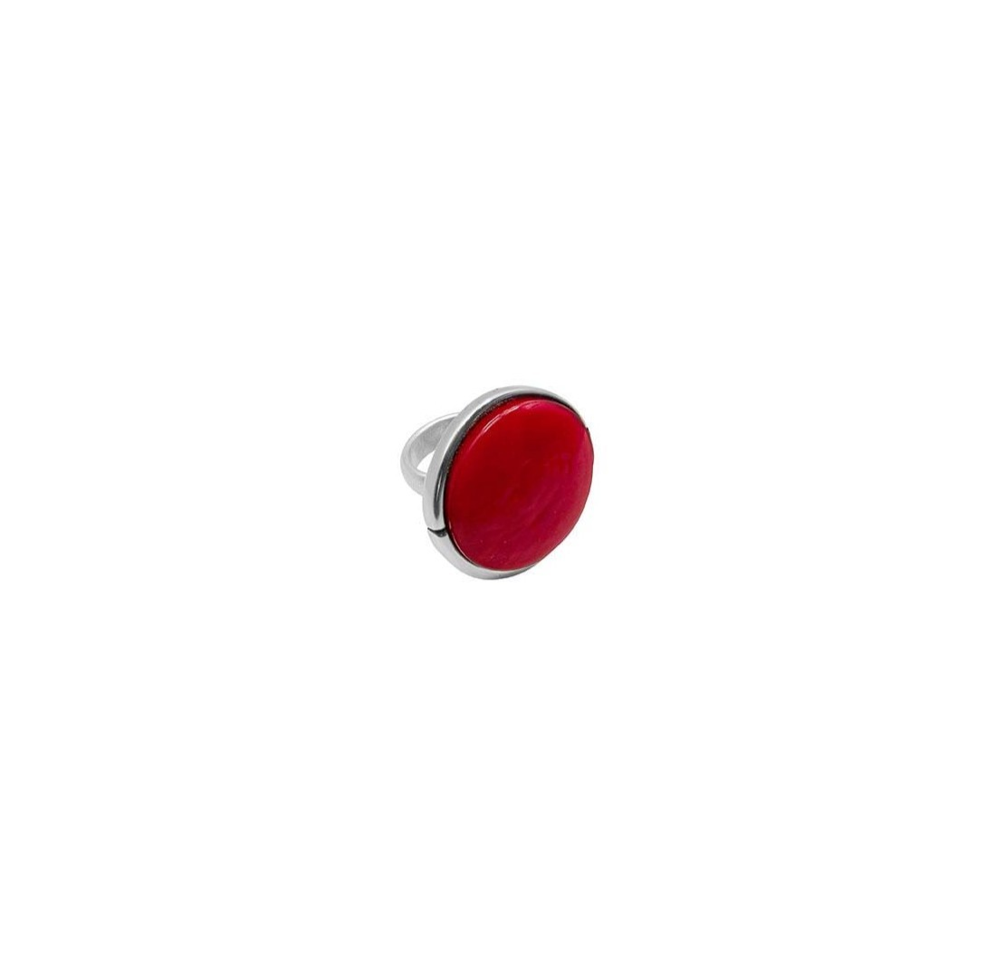 silver ring with red Murano glass sphere as its centerpiece