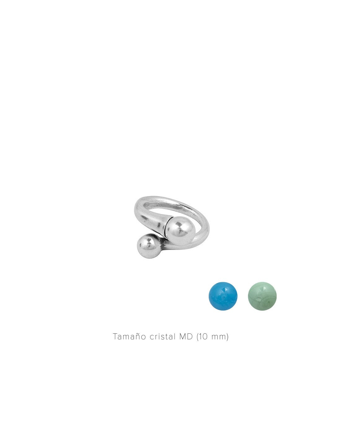 silver ring with interchangeable green and blue Murano glass tips 
