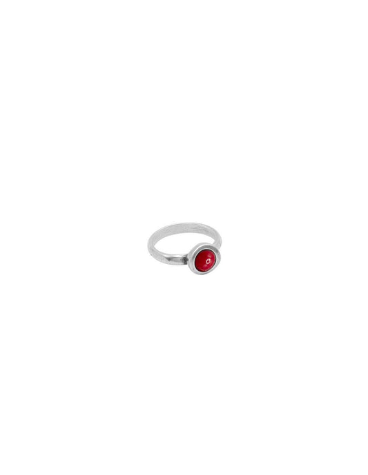 silver ring with minimalist design with red murano  glass sphere in the center