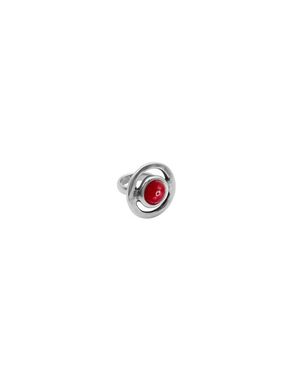 woman wearing silver ring decorated with red Murano glass sphere