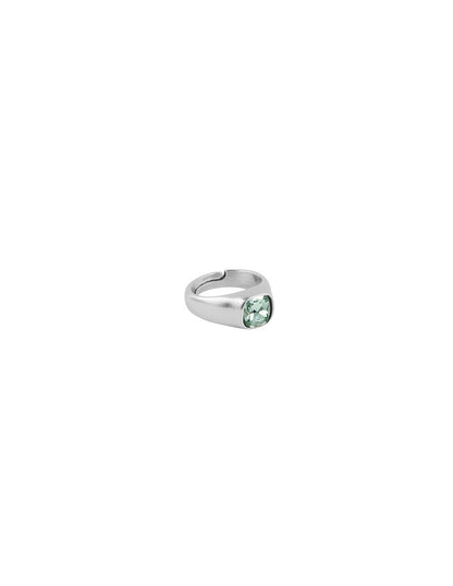 silver ring features a square-shaped green faceted stone