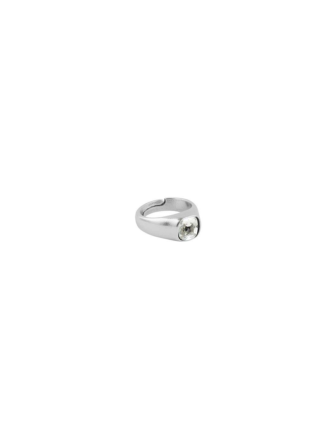 silver ring features a square-shaped white faceted stone