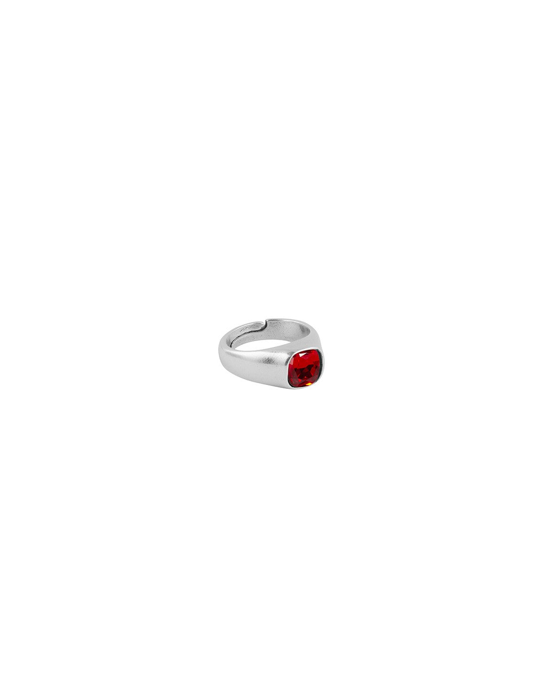 silver ring features a square-shaped red faceted stone