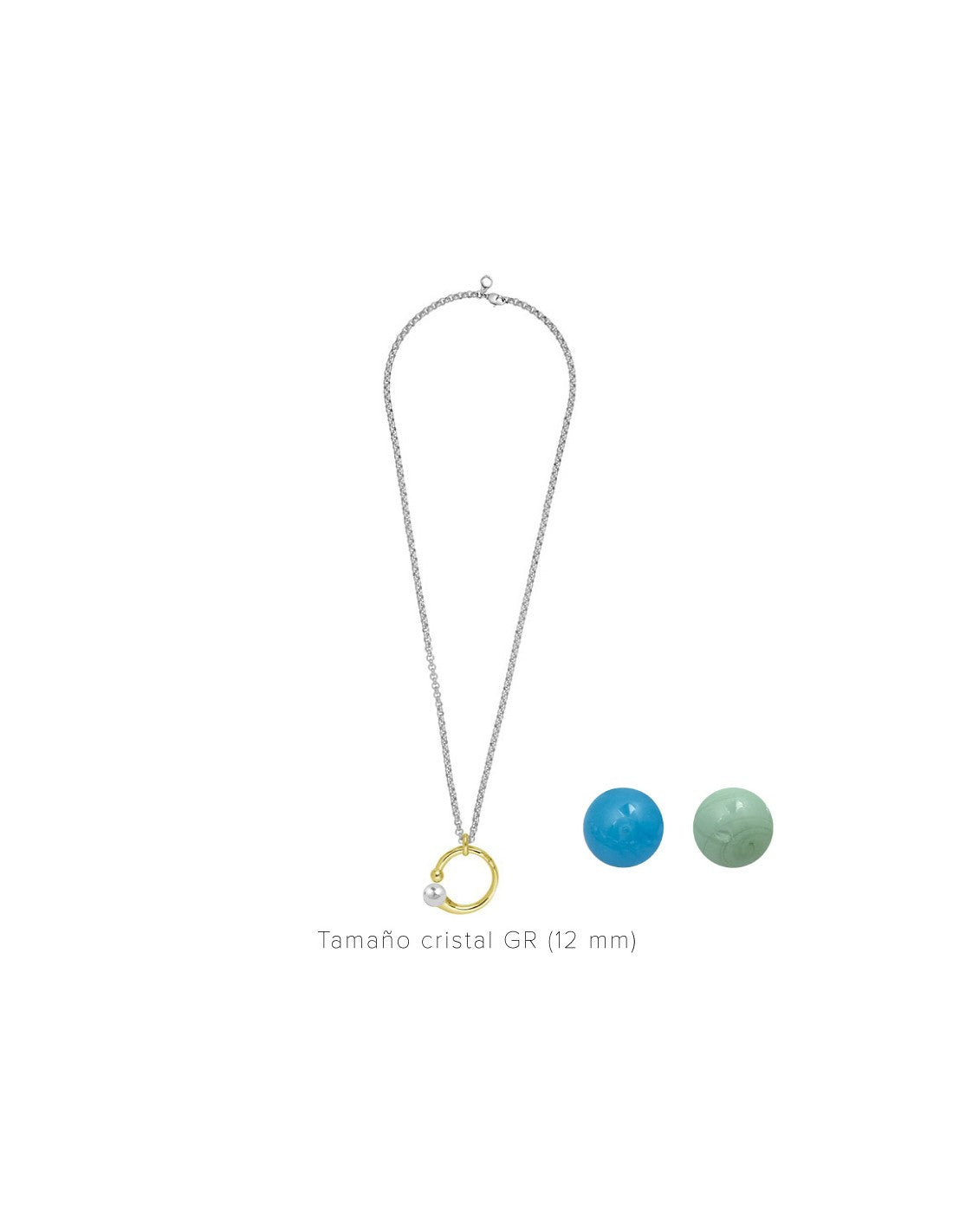 silver necklace and gold pendant with interchangeable green and blue Murano glass tips 