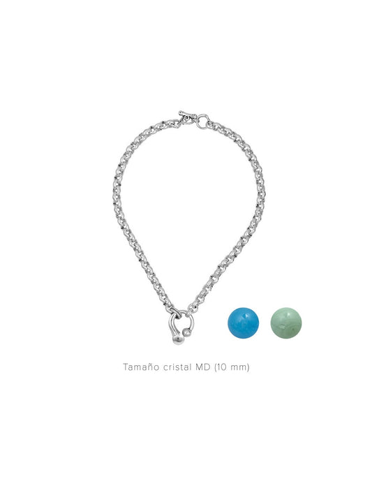 silver necklace featuring a rolo chain with blue and green interchangeable 8mm tips