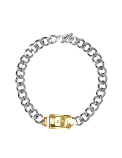 Silver link necklace with gold buckle center 