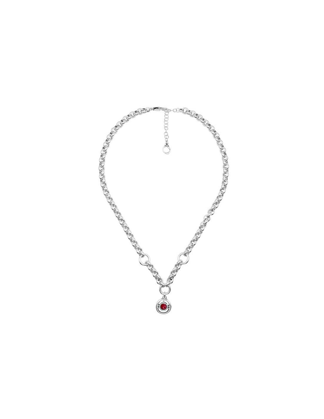 silver necklace featuring a pendant adorned with a 15 mm red Murano glass dial at its center