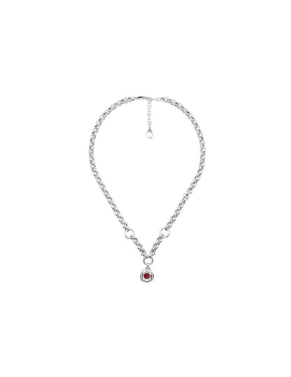 silver necklace featuring a pendant adorned with a 15 mm red Murano glass dial at its center