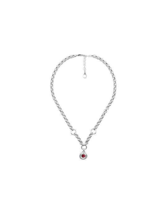 silver necklace featuring a pendant adorned with a 15 mm red Murano glass dial at its center