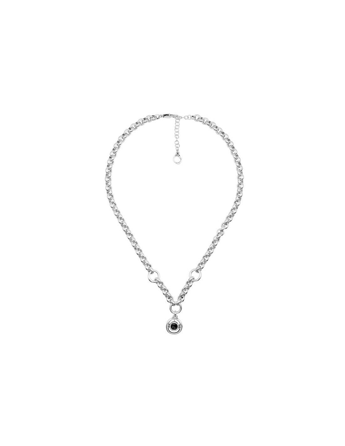 silver necklace featuring a pendant adorned with a 15 mm black Murano glass dial at its center