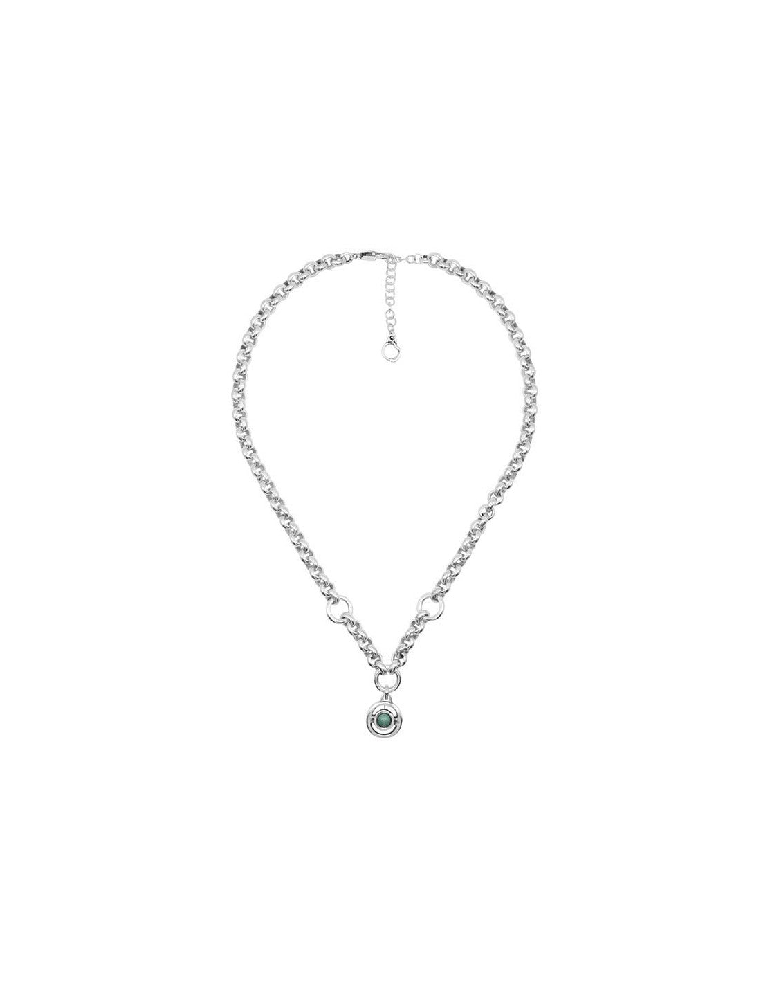 silver necklace featuring a pendant adorned with a 15 mm turquoise Murano glass dial at its center