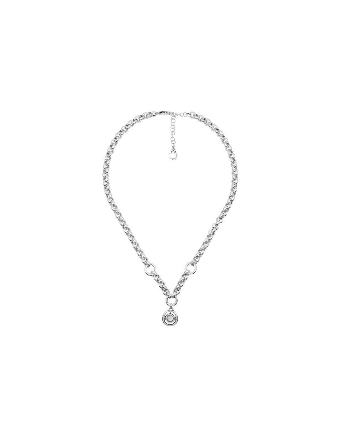 silver necklace featuring a pendant adorned with a 15 mm white Murano glass dial at its center