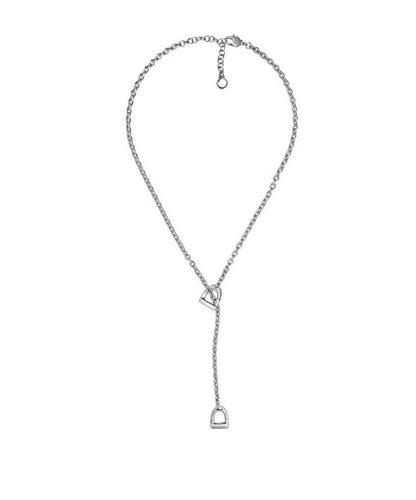 Silver tie necklace features two crossed stirrups