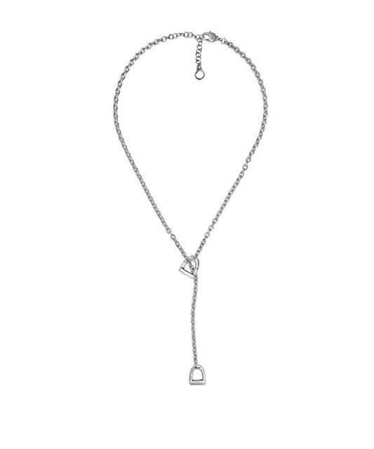 Silver tie necklace features two crossed stirrups