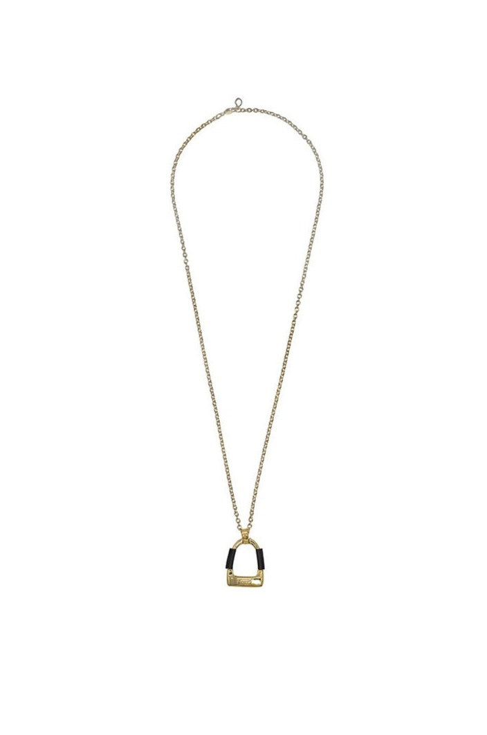 gold necklace with stirrup shaped gold pendant wrapped in leather