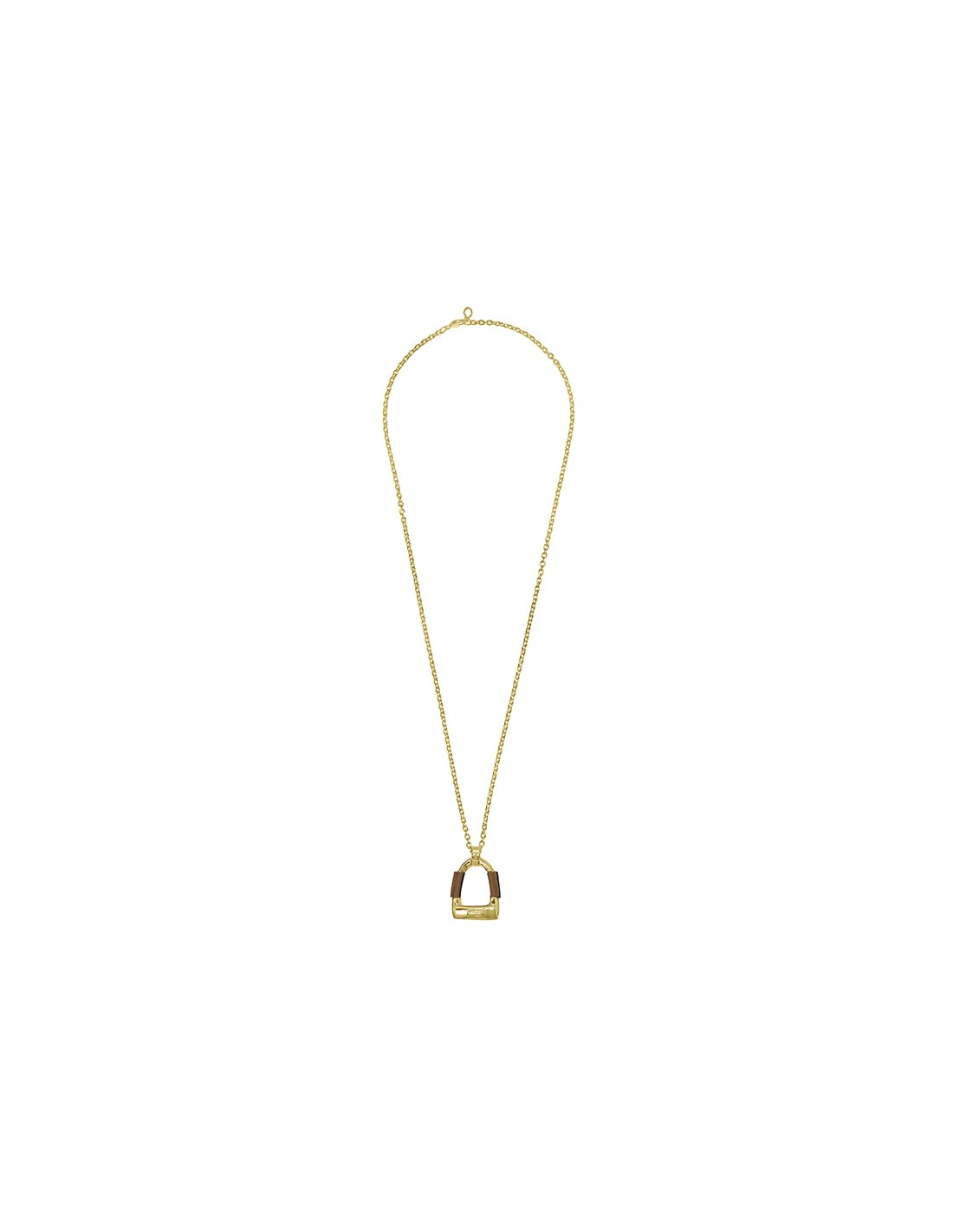 gold necklace with stirrup shaped gold pendant wrapped in leather