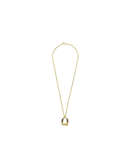 gold necklace with stirrup shaped gold pendant wrapped in leather