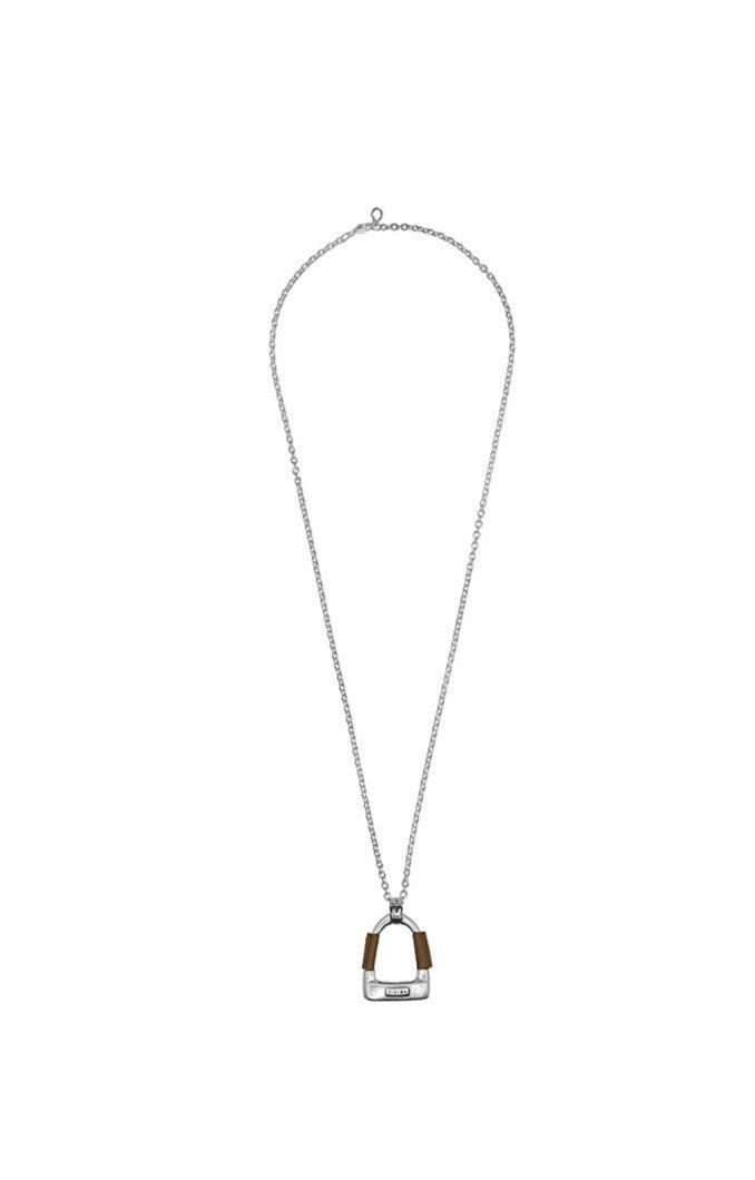 silver necklace with stirrup shaped gold pendant wrapped in leather