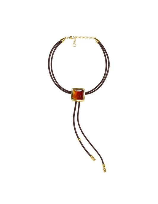 Leather necklace with square pendant made of gold and Murano crystals 