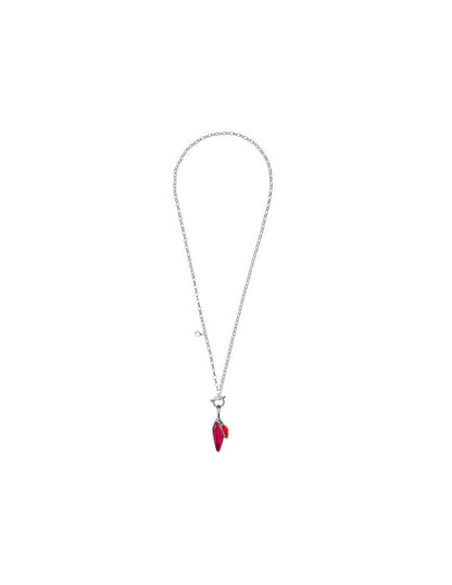 Silver-plated necklace features a delicate chain adorned with vibrant red accents 