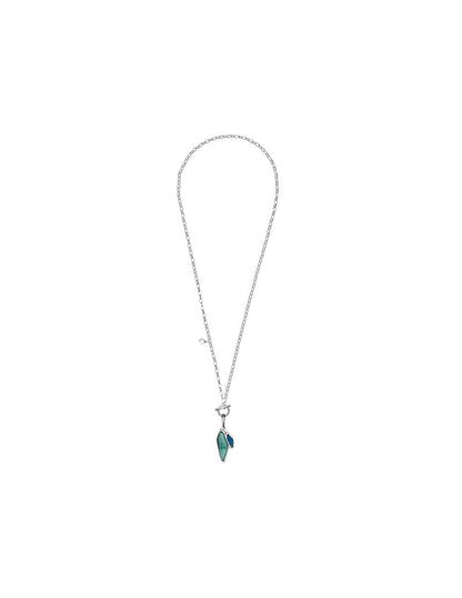 Silver-plated necklace features a delicate chain adorned with vibrant blue accents 