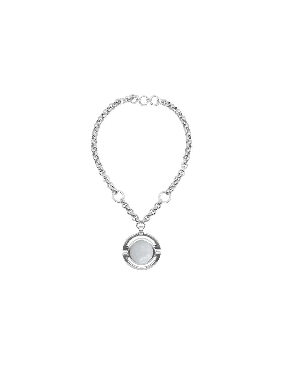 silver necklace featuring a 50 mm white Murano glass dial pendant as its centerpiece