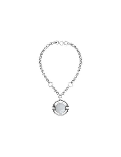 silver necklace featuring a 50 mm white Murano glass dial pendant as its centerpiece