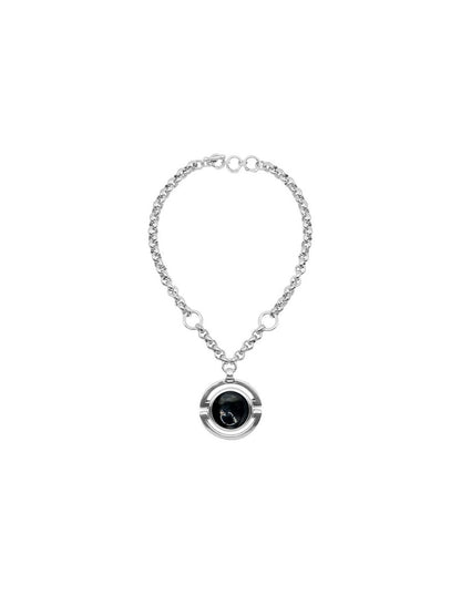 silver necklace featuring a 50 mm black Murano glass dial pendant as its centerpiece