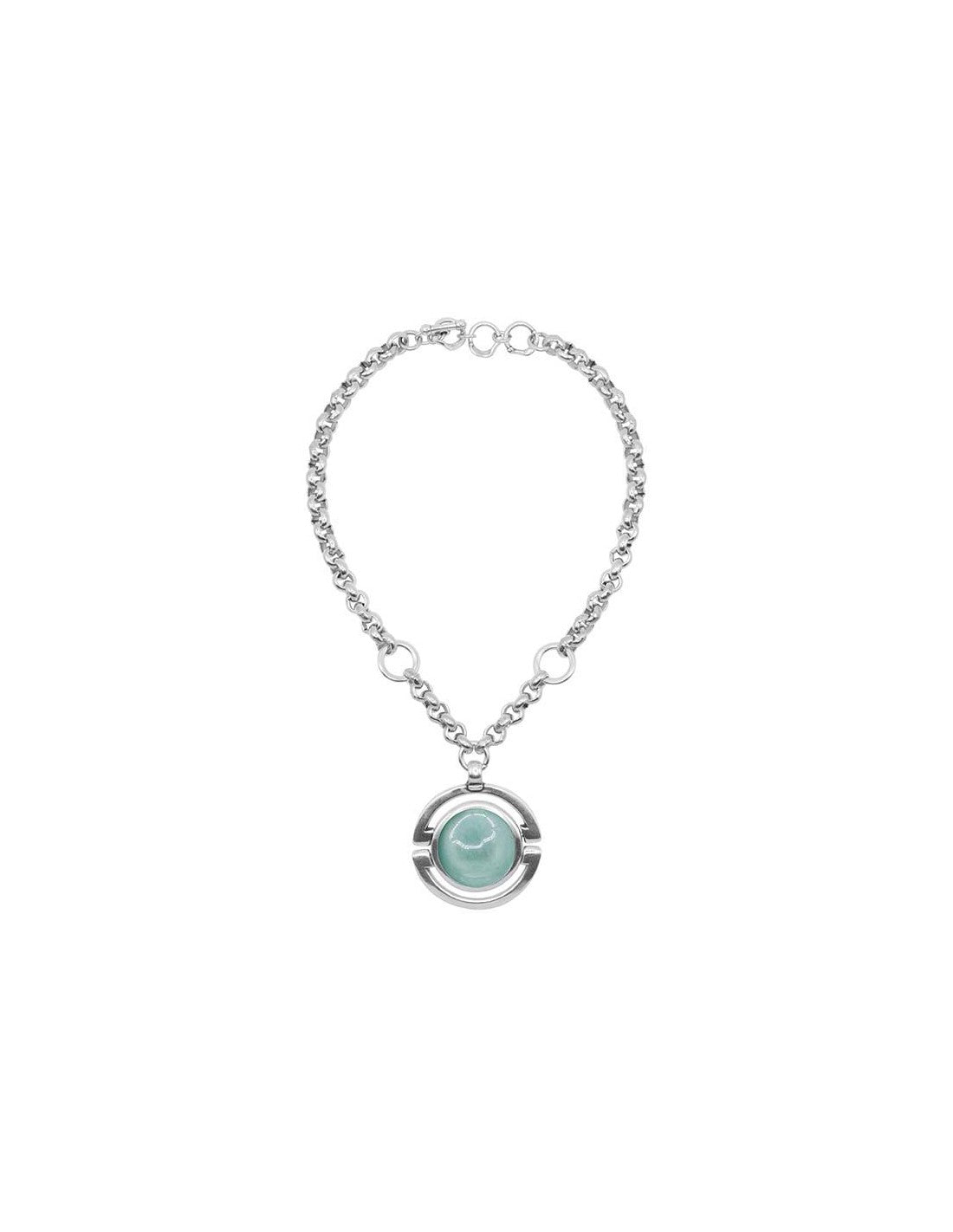 silver necklace featuring a 50 mm turquoise Murano glass dial pendant as its centerpiece