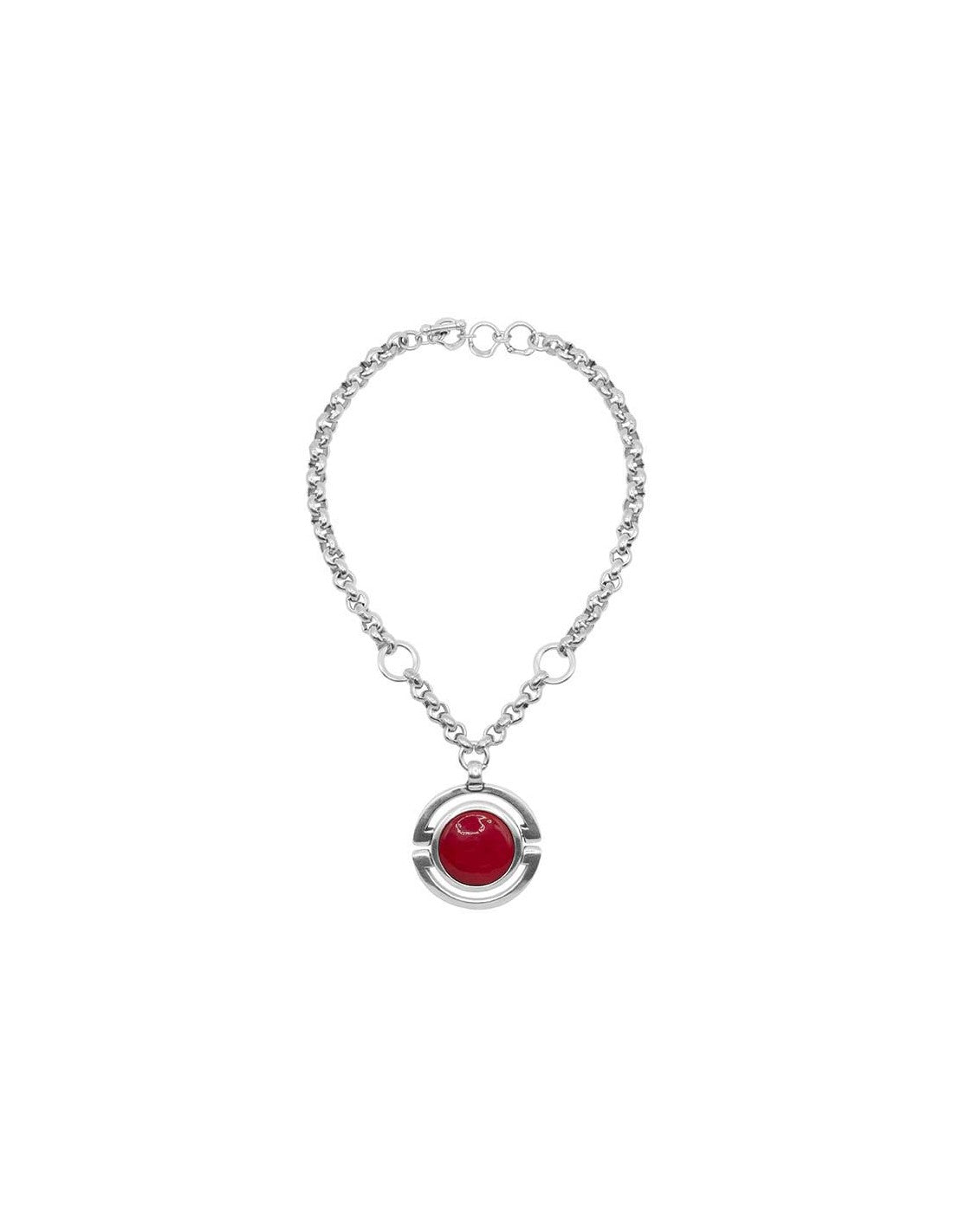 silver necklace featuring a 50 mm red Murano glass dial pendant as its centerpiece