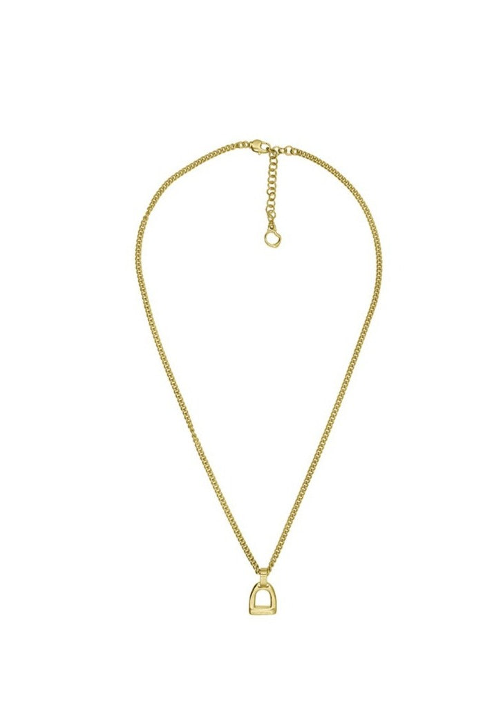 gold necklace with equestrian inspired stirrup pendant