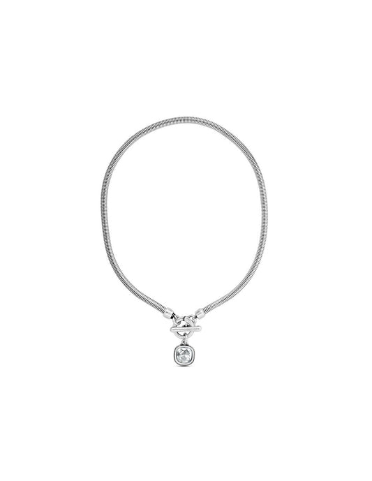 Silver necklace highlighted by a square-shaped white faceted stone