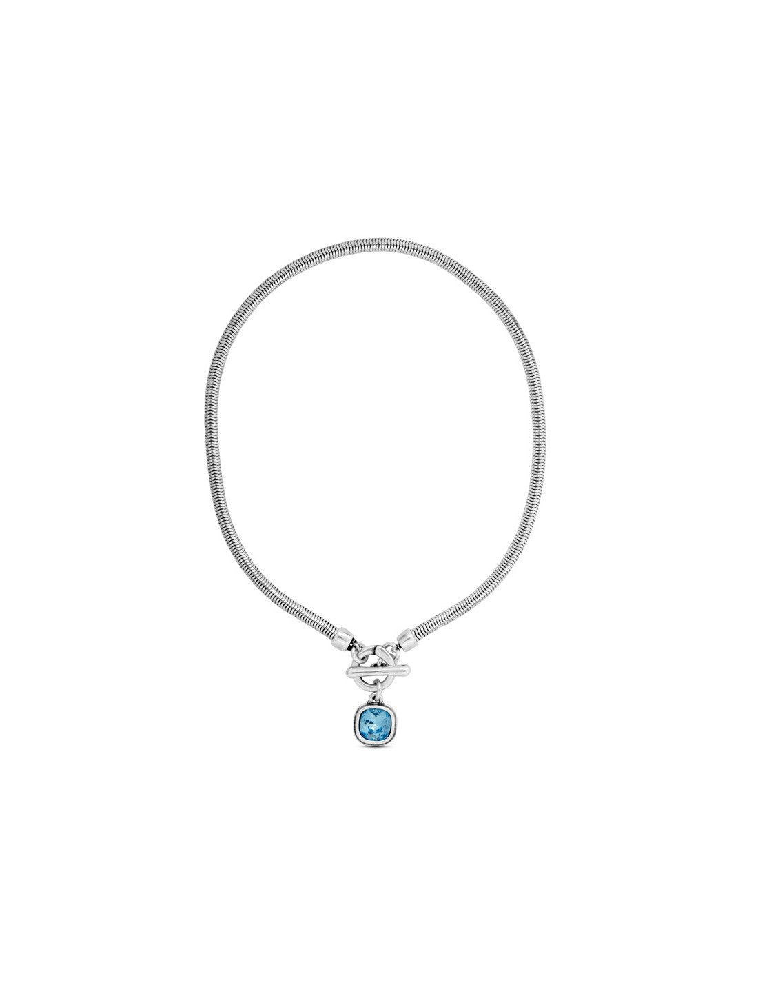 Silver necklace highlighted by a square-shaped blue faceted stone