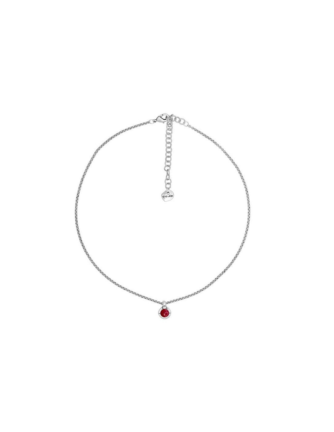 silver necklace with mini pendant decorated with a red Murano glass sphere in the center mounted on a chain of link