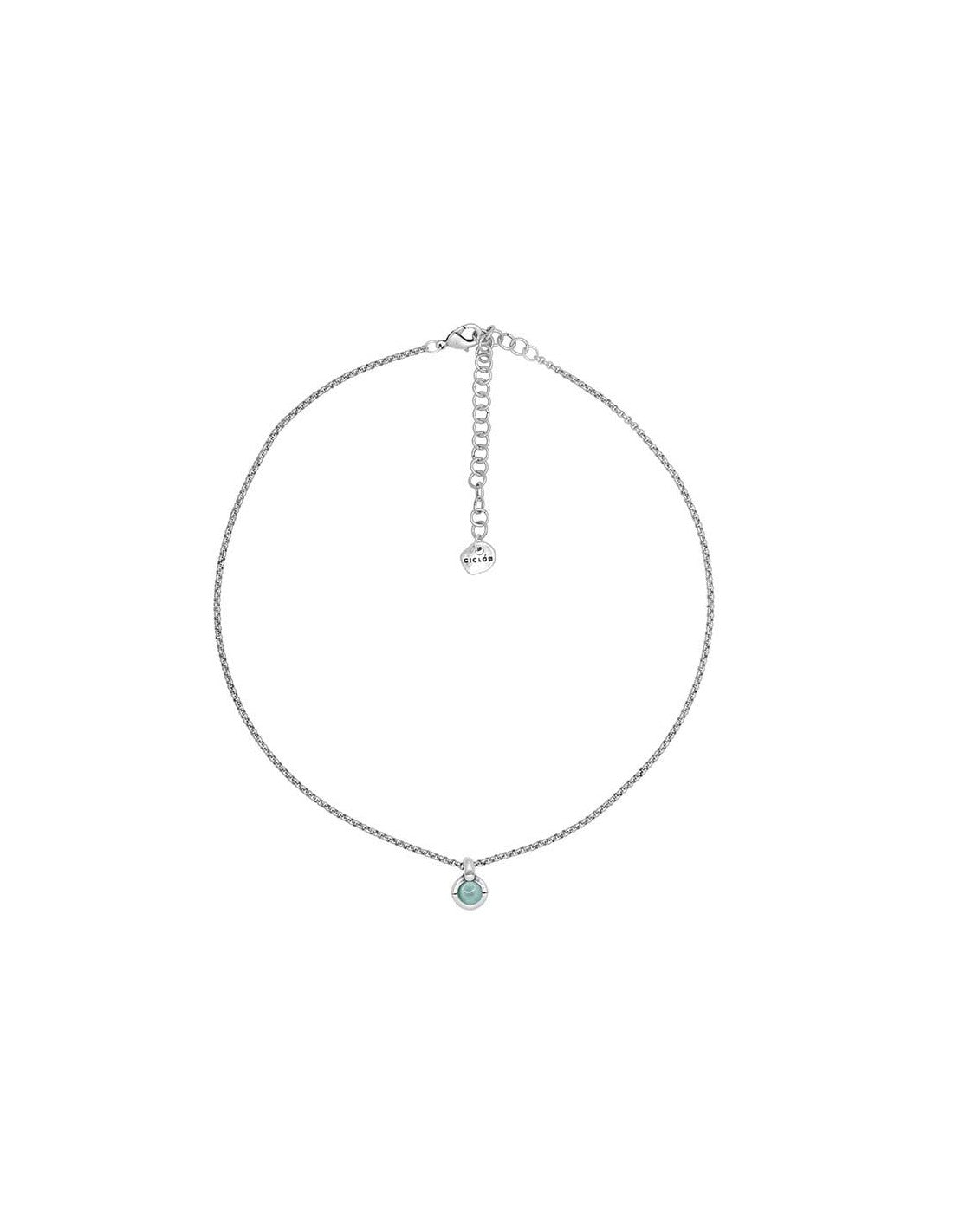 silver necklace with mini pendant decorated with a turquoise Murano glass sphere in the center mounted on a chain of link