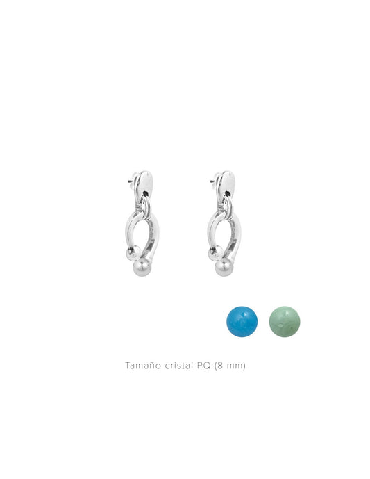 silver plated earrings featuring a chic design and interchangeable 12mm crystal accents in blue and green